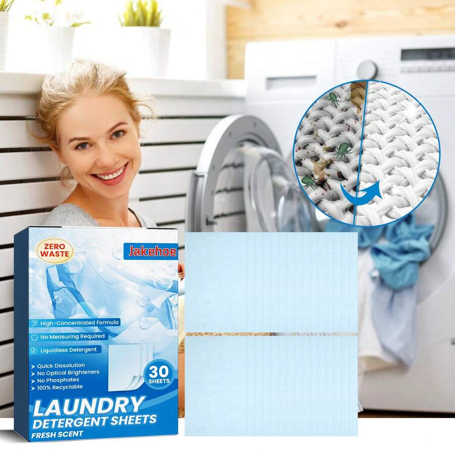 jakehoe Laundry Detergent Sheets – 30 Loads Fresh Scent – Travel Size Laundry Strips – No Measuring Required, Quick Dissolving – No Optical Brighteners, No Phosphates – Portable Packaging – Gentle On Skin, Effective On Stains