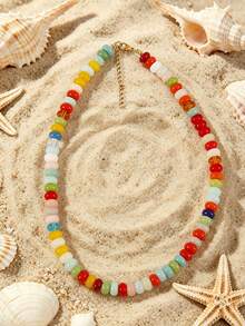 1pc European And American Bohemian Simulated Stone Abacus Beaded Short Necklace, Stainless Steel Accessories, Suitable For Holiday And Beach - Handmade Beaded Faux Stone Stainless Steel Necklace - View 29