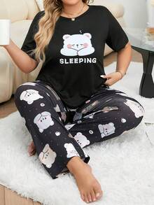 Plus Size Casual Comfortable Cartoon Print Short Sleeve & Long Pants Women's Loungewear 2 Pieces Pajama Set - Black - View 4
