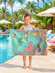 1pc Ocean Creature Octopus, Coral, Sea Turtle Design Kids Beach Towel, Super Absorbent Oversized Beach Blanket, Suitable For Beach, Pool, Travel, Camping, Yoga - Multicolor - View 10