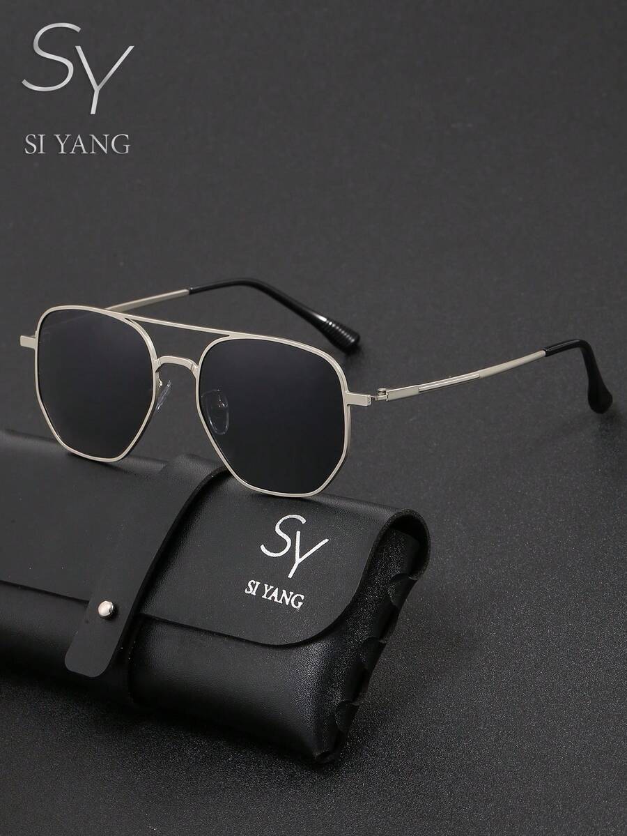 SY SI YANG 品牌 1 副中性雙梁方框偏光眼鏡，細金屬框防眩光鏡片，適合海灘、旅行、街拍、商務出差、開車防曬，附眼鏡盒與清潔布