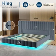Modern Platform Bed Frame Queen/King Size With LED Lights, Velvet Upholstered Bed Frame With Oversized Headboard, Sturdy Construction, No Box Spring Needed, Cream , Grey , Black - Grey - View 11