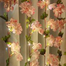 1pc Leaf Cherry Blossom Vine String Lights, Artificial Hydrangea Vine, Hanging Faux Hydrangea Vine Suitable For Room Anniversary, Wedding, Birthday, Mother's Day, Father's Day, Thanksgiving, Party Decoration Leaf Garland, Floral Wreath, Pink Gradient Flowers, Battery Box Powered (Batteries Not Included) - Cherry Blossoms - View 7