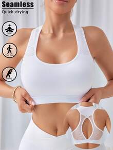 1pc Seamless Hollow Back Sports Bra, Removable Padding Breathable Suitable For Yoga Fitness Women Sports Bra And Bralette - White - View 2