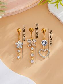 3pcs Stainless Steel Navel Ring Set Butterfly Heart Flower Inlaid Shiny Zirconia Sexy Belly Piercing Jewelry 18K Gold Plated For Women - Yellow Gold - View 5