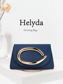 Helyda 海軍藍高端女款翻蓋手拿包，金色手持裝飾晚宴包，可作為手拿包/手提包/單肩包/斜挎包，適用於婚禮/派對/舞會/晚宴及其他聚會 - 藏蓝色 - 查看 11