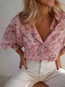 Áo sơ mi nữ dài tay in họa tiết, cài cúc phía trước, chất liệu polyester, có cổ và tay áo kiểu tay phồng, dáng suông, hơi mỏng, màu hồng nhạt, thích hợp cho kỳ nghỉ xuân. - Hồng - Xem 4