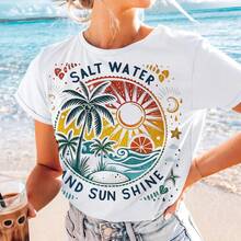 Salt Water And Sun Shine Shirt, Summer Shirt, Retro Beach Shirt, Tropical Shirt, Seashells Shirt, Sunshine Shirt,Summer T Shirts,Tops For Women - Baby Blue - View 8