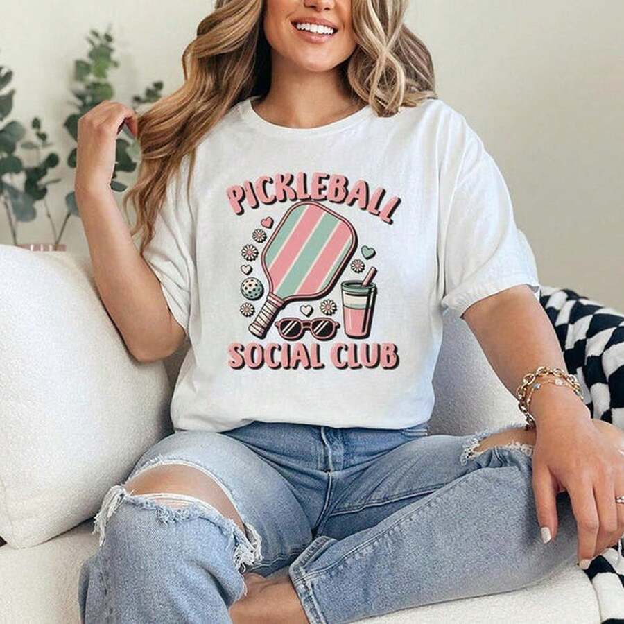 [blusas para mujer]Camiseta del club social de pickleball, linda camiseta de pala en tonos pastel, regalo deportivo para mujeres, camiseta divertida para jugar, atuendo de jugador de - Blanco - Ver 1
