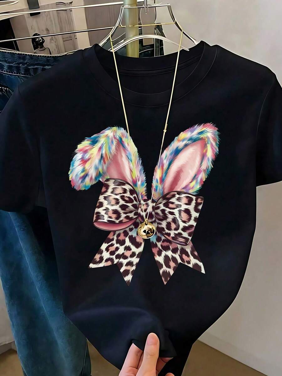 Women's White T-Shirt With Rabbit Ears And Paws In Leopard Print, Fashionable Animal Print T-Shirt, Casual Summer Blouse With Cute Bunny Design, Aesthetic And Fun Top - 紅色 - 查看 1