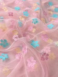 Tessuto in tulle con stampa a fiori di ciliegio multicolore su base rosa, 50cm/1yd/3yd/5yd, tessuto in rete semitrasparente, larghezza 150cm, tessuto estivo per fai da te, adatto per abiti, top halter, veli e tende - 1 - Visualizzare 5