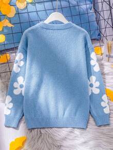 Sweater Rajut Lengan Panjang Leher Bulat Motif Bunga Manis untuk Anak Perempuan, Cocok untuk Musim Gugur dan Musim Dingin, Kasual, Hangat. - Biru - View 2