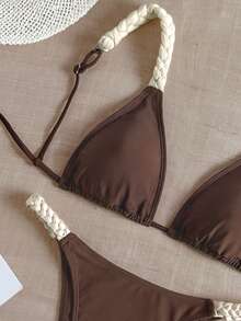 Bikinx Women's Color Block Braided Rope Bikini Set, Back Tie Design, Suitable For Beach Vacation Summer - Multicolor - View 3