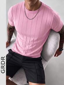 Suéter casual de punto acanalado de cuello redondo de manga corta de unicolor para hombres GRDR - Rosa - Ver 3