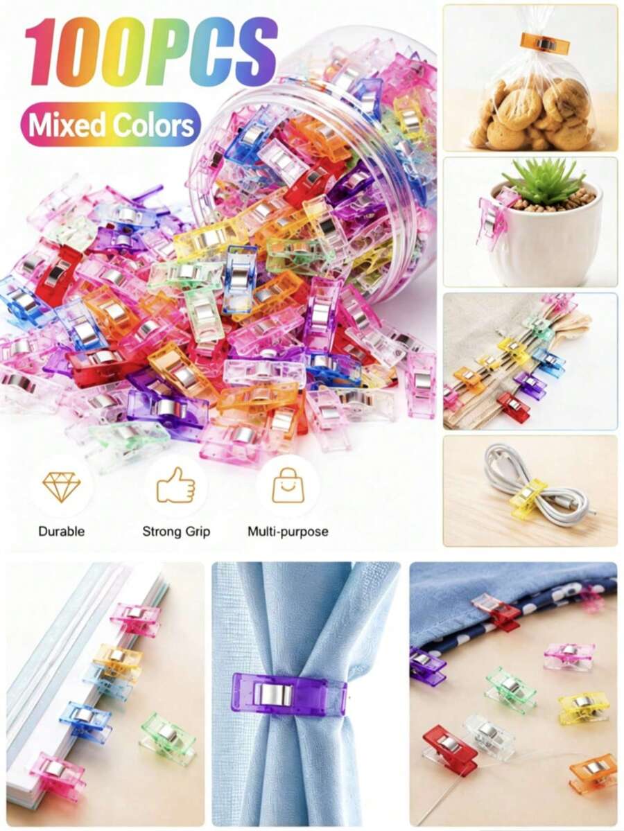 100pcs Assorted Color Plastic Clips, Multi-Purpose Clips For Fabric, Sewing, Quilting, Crafts, Food Bag Sealing And Daily Use - A - View 1
