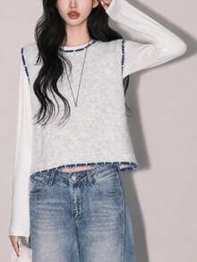 Sweater Rajut Wanita Musim Gugur/Dingin, Bahan Campuran Wol, Desain Minimalis Kasual dengan Trim Kontras, Leher Bulat, Model Pullover, Rompi Rajut Musim Gugur - Light Grey - View 3