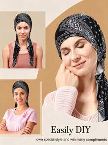 Topi Pesawat Motif Bunga untuk Wanita, Topi Jilbab Modis dengan Dua Ekor Panjang, Topi Penutup Kepala Melengkung yang Mudah Dipakai - 4 topi pesawat motif paisley - View 2