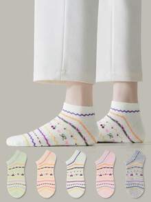 ZUJO 5 Pairs Women's Short Socks, Bow Heart Cherry Pattern, Ankle Socks, Comfortable And Breathable, Suitable For All Seasons - Multicolor - View 1