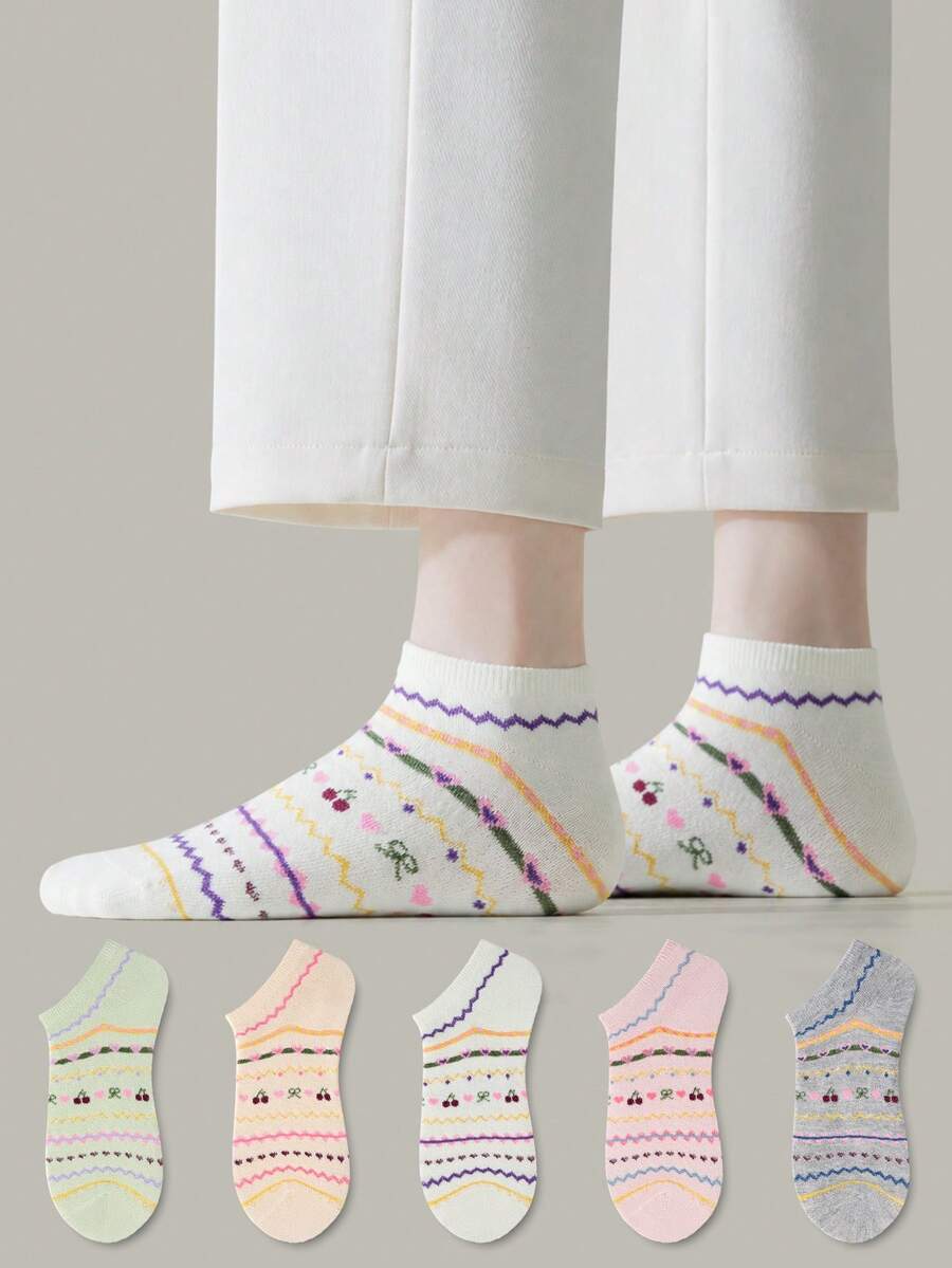 ZUJO 5 Pairs Women's Short Socks, Bow Heart Cherry Pattern, Ankle Socks, Comfortable And Breathable, Suitable For All Seasons - Multicolor - View 1