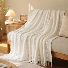 Manta de punto acogedora con detalle de volantes para todas las estaciones, multiusos y cómoda para acampar, sofá, tomar el sol y siestas, manta de punto con ribete de volantes, manta de camping - arroz molido - Ver 5