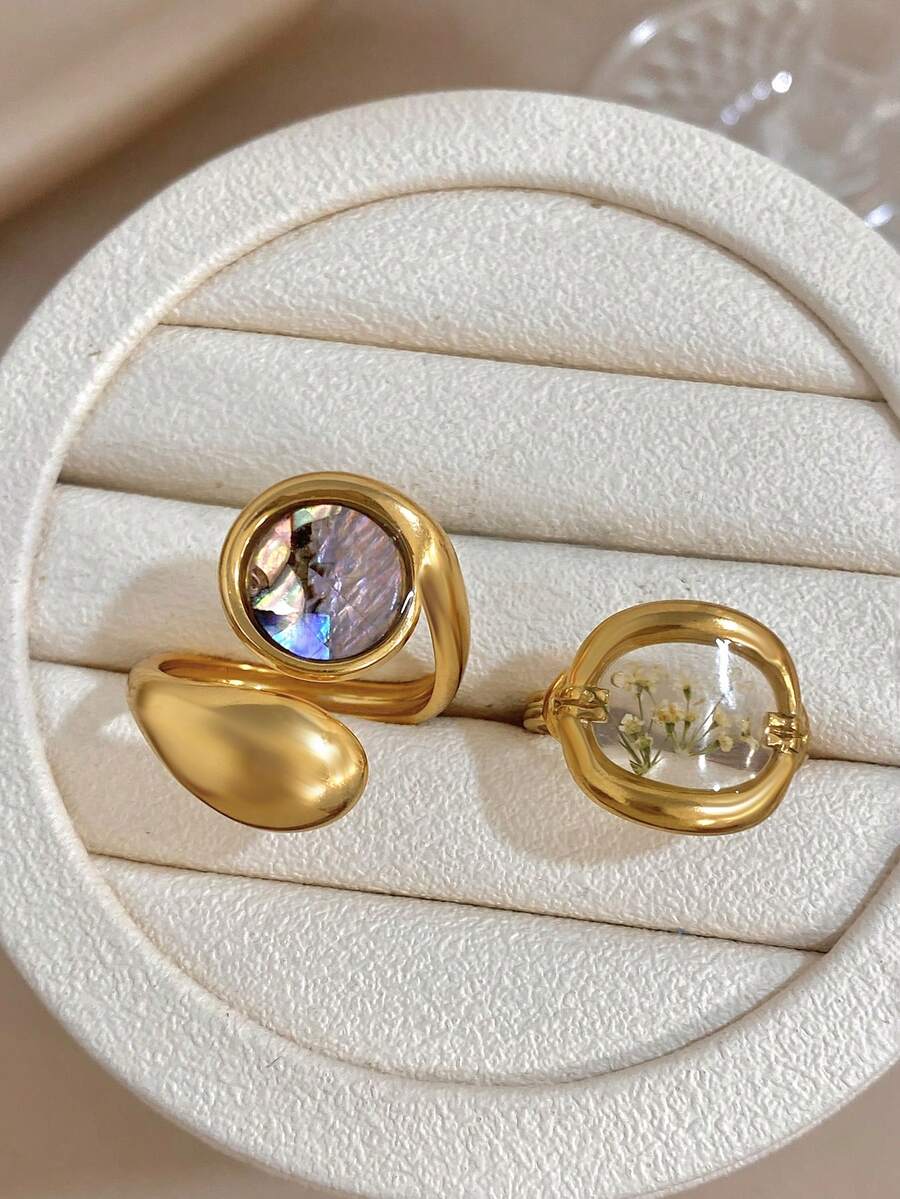 彩色鮑魚殼乾燥花女用戒指套組 金色不鏽鋼戒指 日常派對節日生日假期季節珠寶 - 彩色 - 查看 1