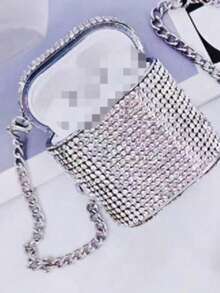 2000s Y2K Style Silver Rhinestone Wireless Shockproof Earphone Charging Case, Compatible With AirPods Pro 2/4/3.5, With Chain, Compatible With AirPods Pro 3 - Silver - View 7