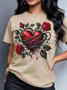 T-shirt da donna in stile gotico con rose a forma di cuore, nera e rossa, rosa spinosa, stile gotico per donne - Sottocultura High Street, stile dark, 100% cotone, top estivo, faci - Albicocca - Visualizzare 4