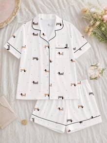 2pcs Women's Pajama Set, Dachshund Puppy Print, Women's Loungewear, Spring/Summer Holiday Outfit, Short Sleeve Top And Shorts Set - White - View 1