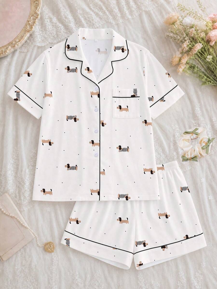2pcs Women's Pajama Set, Dachshund Puppy Print, Women's Loungewear, Spring/Summer Holiday Outfit, Short Sleeve Top And Shorts Set - White - View 1