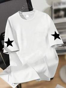 Teen Boy Cool Street Style Star Pattern T-Shirt, Oversized Vintage Print Top, Soft And Comfortable Fabric, Versatile Summer Back To School Top - White - View 2
