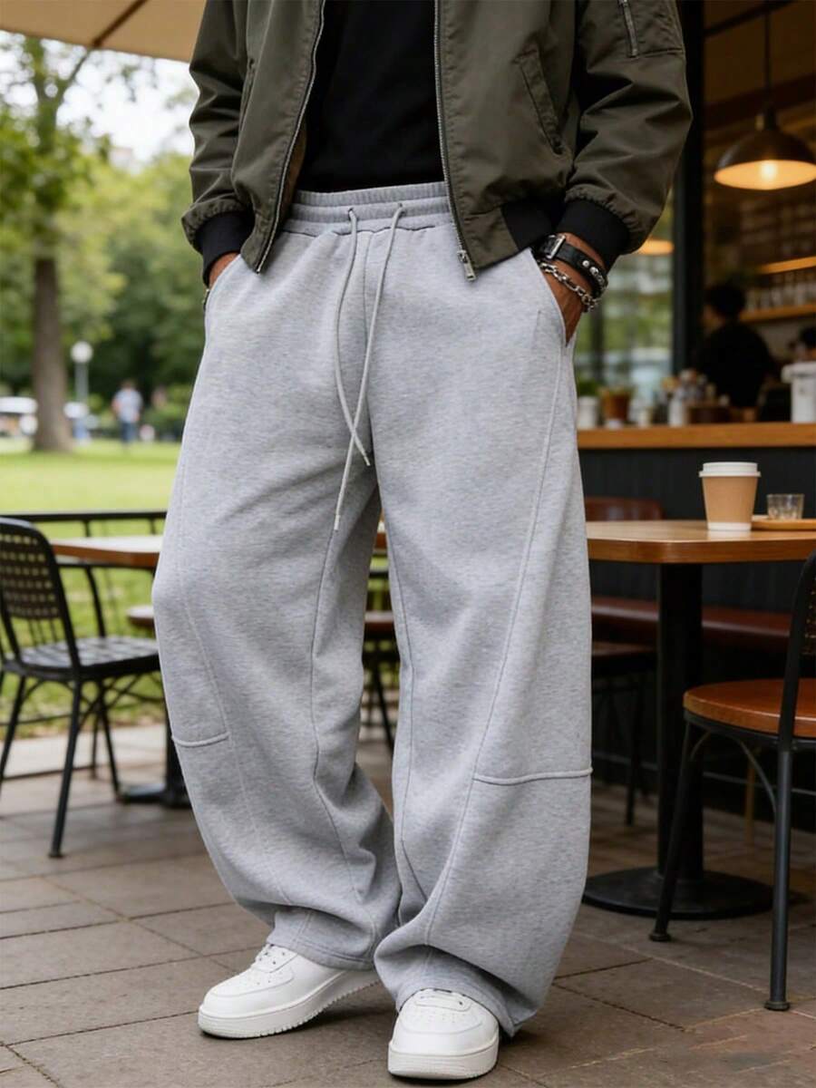 Men's Streetwear Loose Fit Sweatpants, Suitable For Casual Daily Wear, Elastic Waistband With Drawstring Closure - Grey - View 1