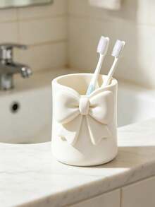 1pc Cream Style Bow Mini Toothbrush Cup, Cute Desktop Storage Box, Multi-Functional Toothbrush & Toothpaste Holder, Mini Vase Small Potted Plant Decor, Bathroom Vanity Desktop Organizer, Dorm Home Decor, Makeup Brush Holder - Multicolor - View 6
