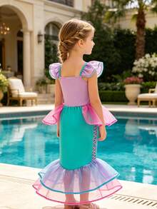 8 peças/Conjunto Acessórios de Vestido de Sereia Rosa Sem Mangas com Estampa Floral para Meninas, Conjunto de Fantasia de Princesa Infantil para Festa, Natal, Halloween - Rosa chiclete - Visão 7