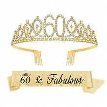 2 Buah/Set Mahkota & Selempang Berlian Imitasi Emas Mawar, Bando Sisir Ulang Tahun, Hadiah Dekorasi Pesta untuk Wanita Usia 18/21/30/40/50/60/70/80 Tahun, Aksesoris Pesta - Emas - View 14