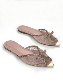 Women's Pointed Toe Buckle Bow Rhinestone Mesh Sandals, Summer Shoes, Flat, Mule, Pink, Gold, Daily, Party - Pink - View 3