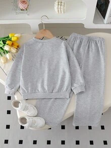 Girls' Fashion Design 3D Floral Long Sleeve Crew Neck Ribbed Sweatshirt & Loose Casual Straight Leg Pants 2-Piece Set, Comfortable For Spring/Autumn Daily Wear, Outings, Park, School And Sports - Grey - View 2