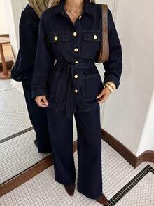 女士深色水洗撞色缝线修身优雅牛仔衬衫及喇叭牛仔裤套装 - 深色水洗藍 - 查看 1