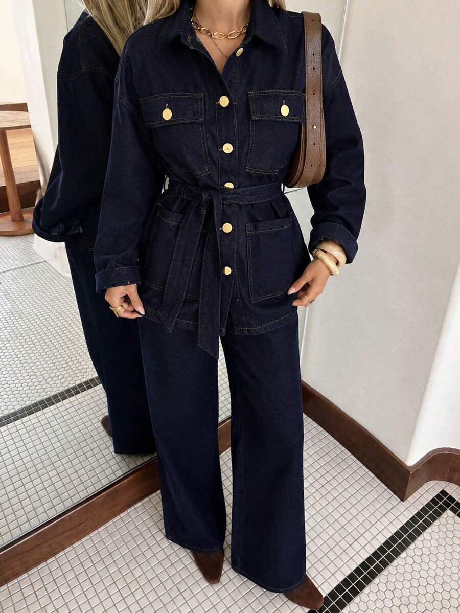 女士深色水洗撞色缝线修身优雅牛仔衬衫及喇叭牛仔裤套装 - 深色水洗藍 - 查看 1