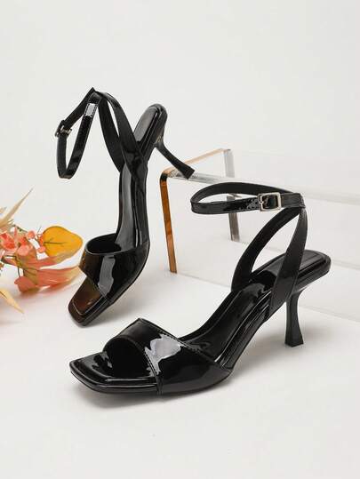 Fashionable Sexy Glossy Black Square Toe Open Toe Spiral Wrap Ankle Strap Thin Strap Sandals Women Curly Tie Kitten Heel High Heels Summer Commute Date Party Bridesmaid Dress Versatile Gentle Atmosphere Outdoor Wear Stiletto Heel Sandals