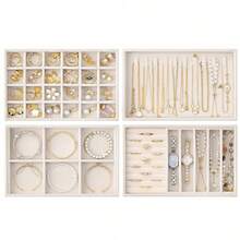 4pcs Velvet Jewelry Storage Tray, Stackable Multi-Compartment Jewelry Organizer, Large-Capacity Earrings, Necklaces, Rings, Bracelets, Watches, And Fashion Glasses Storage Box, Vanity Drawer Inset Display Box - Multicolor - View 9