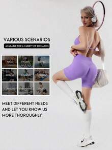 Women's Summer 2 Pieces Pink Top And High-Waist Shorts Set, Suitable For Sports, Yoga, Pilates, Gym, Running - Purple - View 7