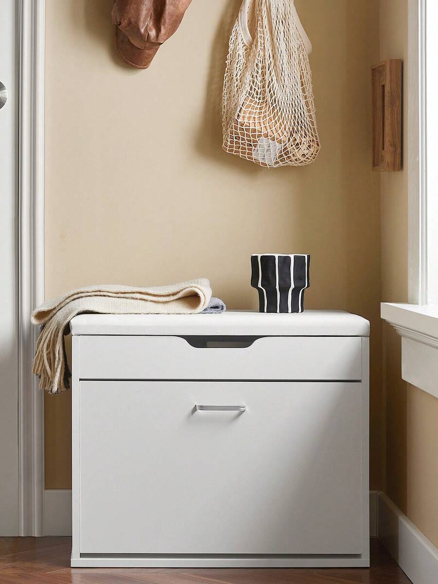 SoBuy FSR95-SCH, Hallway Shoe Rack Shoe Bench Shoe Cabinet With Folding Padded Seat & Flip-Drawer, Black - 白色 - 查看 1