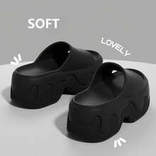 Women's All-Season EVA Wavy Thick Sole Slide Sandals, Home Casual Wear Solid Color Melting Design Minimalist Height-Increasing Slip-On Slippers - Black - View 1