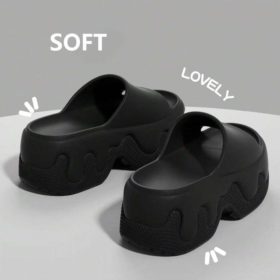 Women's All-Season EVA Wavy Thick Sole Slide Sandals, Home Casual Wear Solid Color Melting Design Minimalist Height-Increasing Slip-On Slippers - Black - View 1