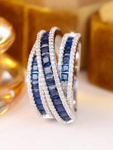 1 pieza Anillo de mujer con diseño de arte de línea geométrica creativa y strass azul, adecuado para todas las celebraciones especiales durante todo el año, realza tu encanto - Azul - Ver 5