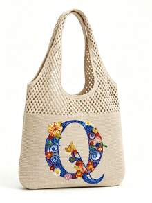 LFIRSTL Women's Crochet Tote Bag | 26 Personalized Initial Options, Bohemian Floral Mesh Beach Bag, Large Capacity Knitted Shoulder Handbag, Suitable For Summer Vacation, Travel And Daily Commute - Khaki - View 23