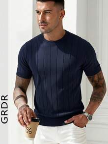 GRDR Men's Summer Ribbed Crew Neck Lightweight Knit Short Sleeve Sweater - Navy Blue - View 4
