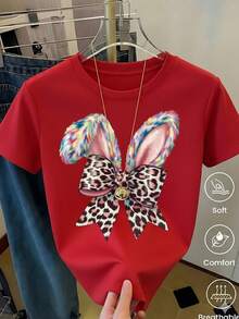 Women's White T-Shirt With Rabbit Ears And Paws In Leopard Print, Fashionable Animal Print T-Shirt, Casual Summer Blouse With Cute Bunny Design, Aesthetic And Fun Top - 彩色 - 查看 1