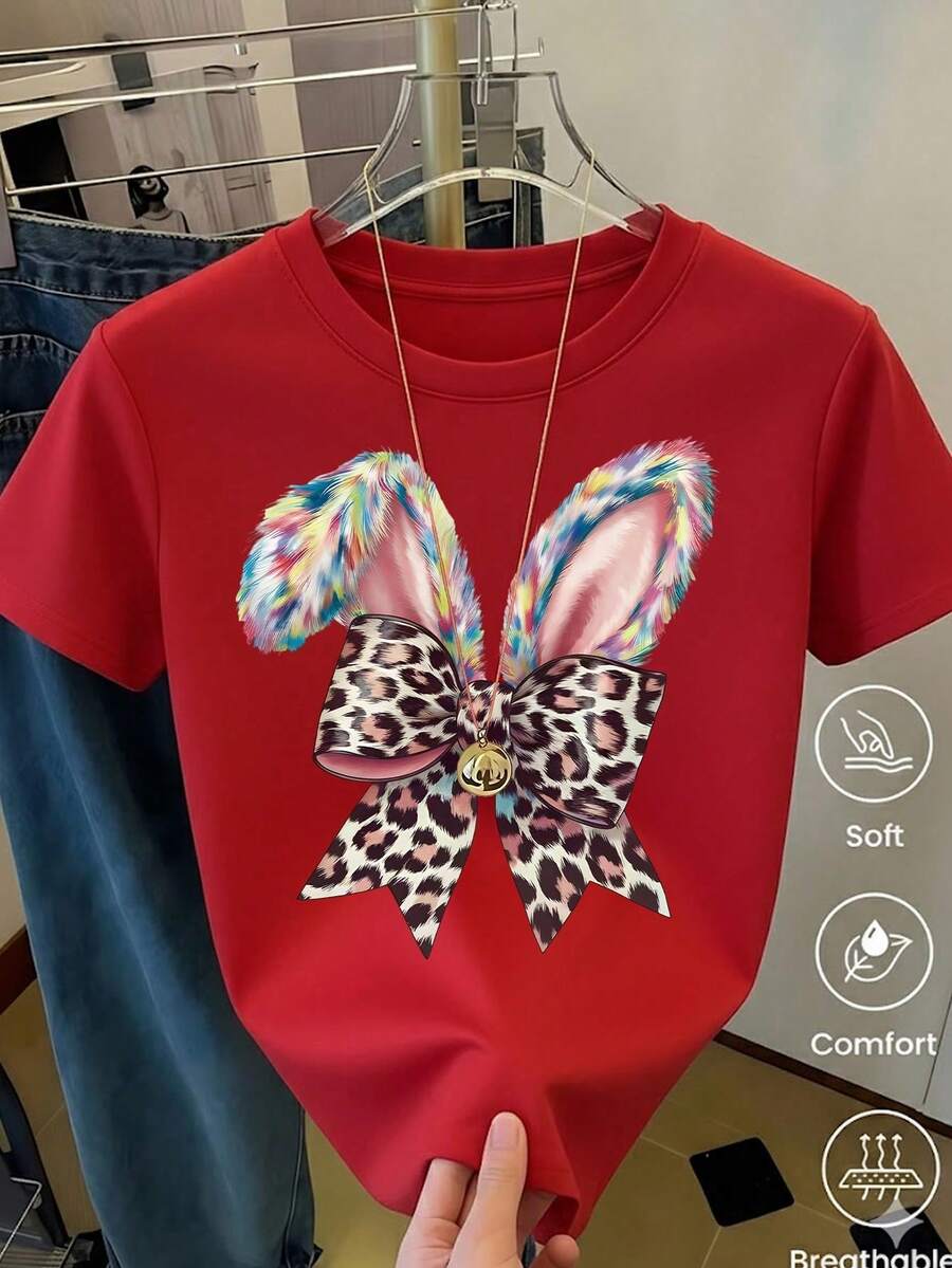 Women's White T-Shirt With Rabbit Ears And Paws In Leopard Print, Fashionable Animal Print T-Shirt, Casual Summer Blouse With Cute Bunny Design, Aesthetic And Fun Top - 彩色 - 查看 1