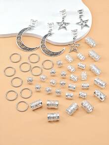 45 Pcs Women's Dreadlock Star Moon Combination Hair Rings Moon Star Braid Hair Clips Hair Accessories Summer Beach Vacation Hair Clips Y2K,Hair Claws - Silver - View 5